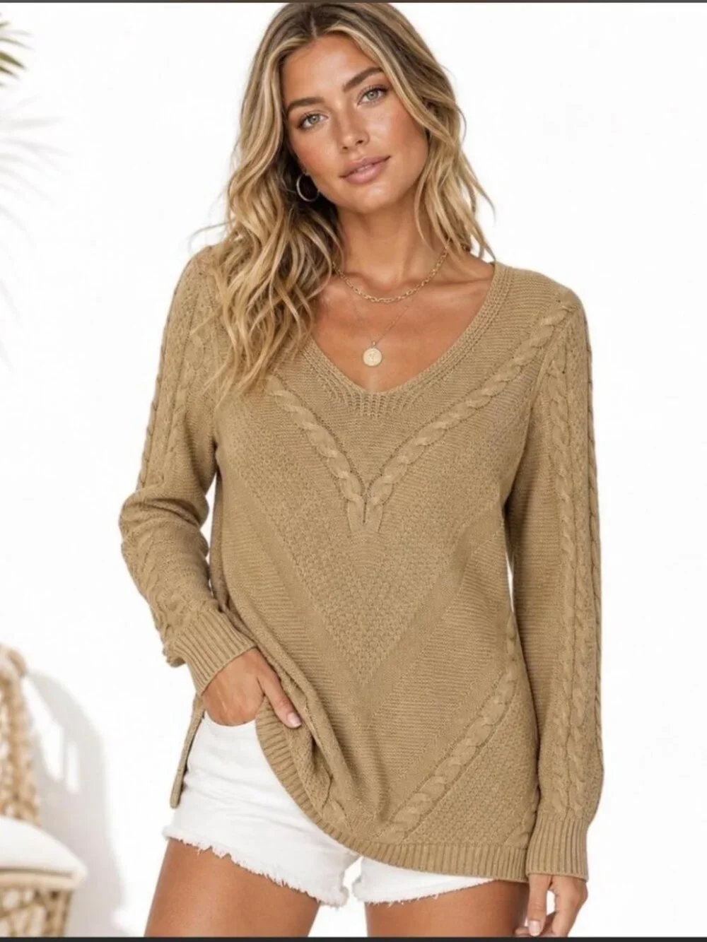 Chicos Zenergy Sweater Cotton Cashmere Blend Size 1 Medium Knit Tan V-Neck Cable